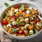 Bruschetta Pasta Salad with mini mozzarella balls and fresh ingredients
