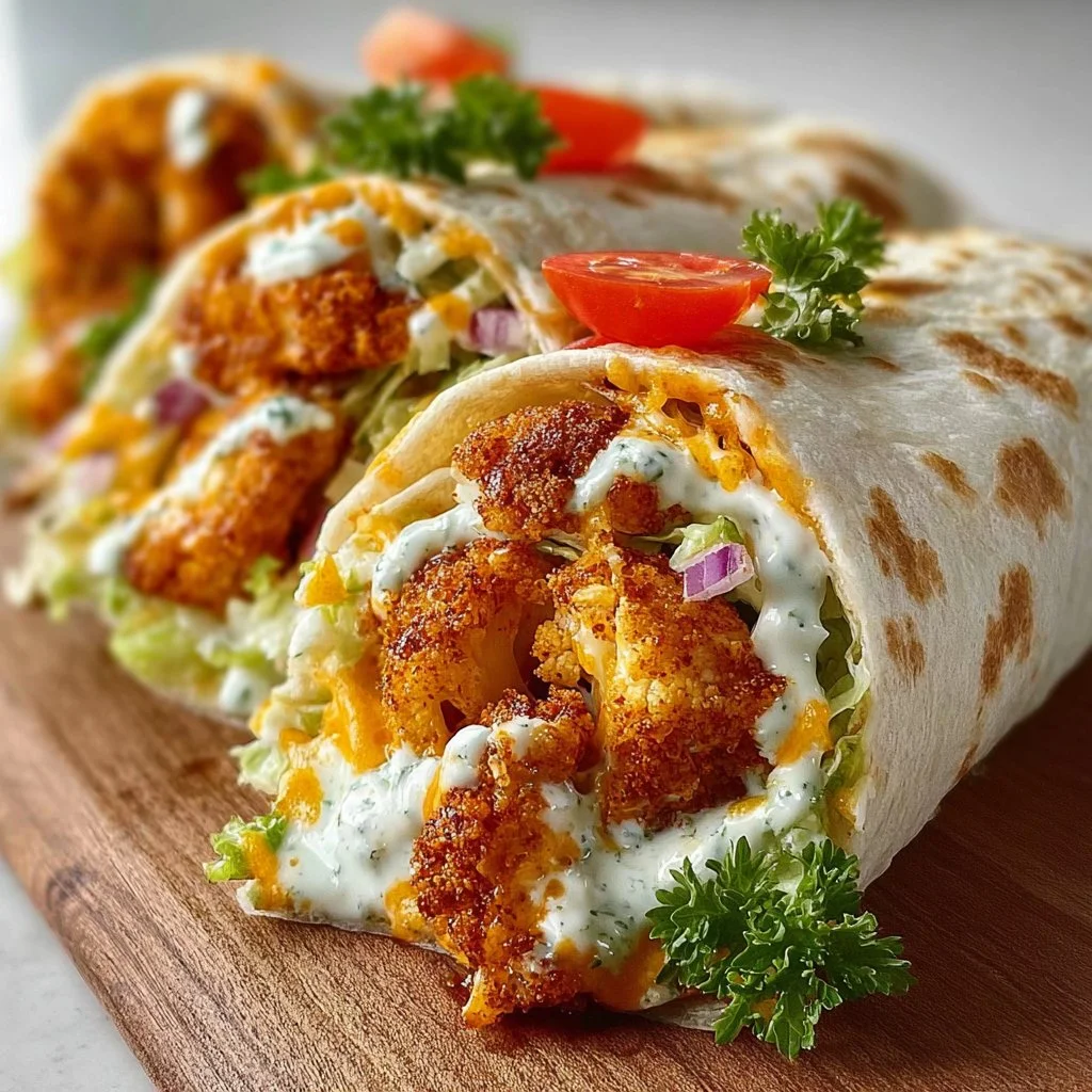 Buffalo Cauliflower wrap filled with fresh veggies and spicy sauce
