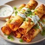 Delicious Buffalo Chicken Taquitos served with dipping sauce