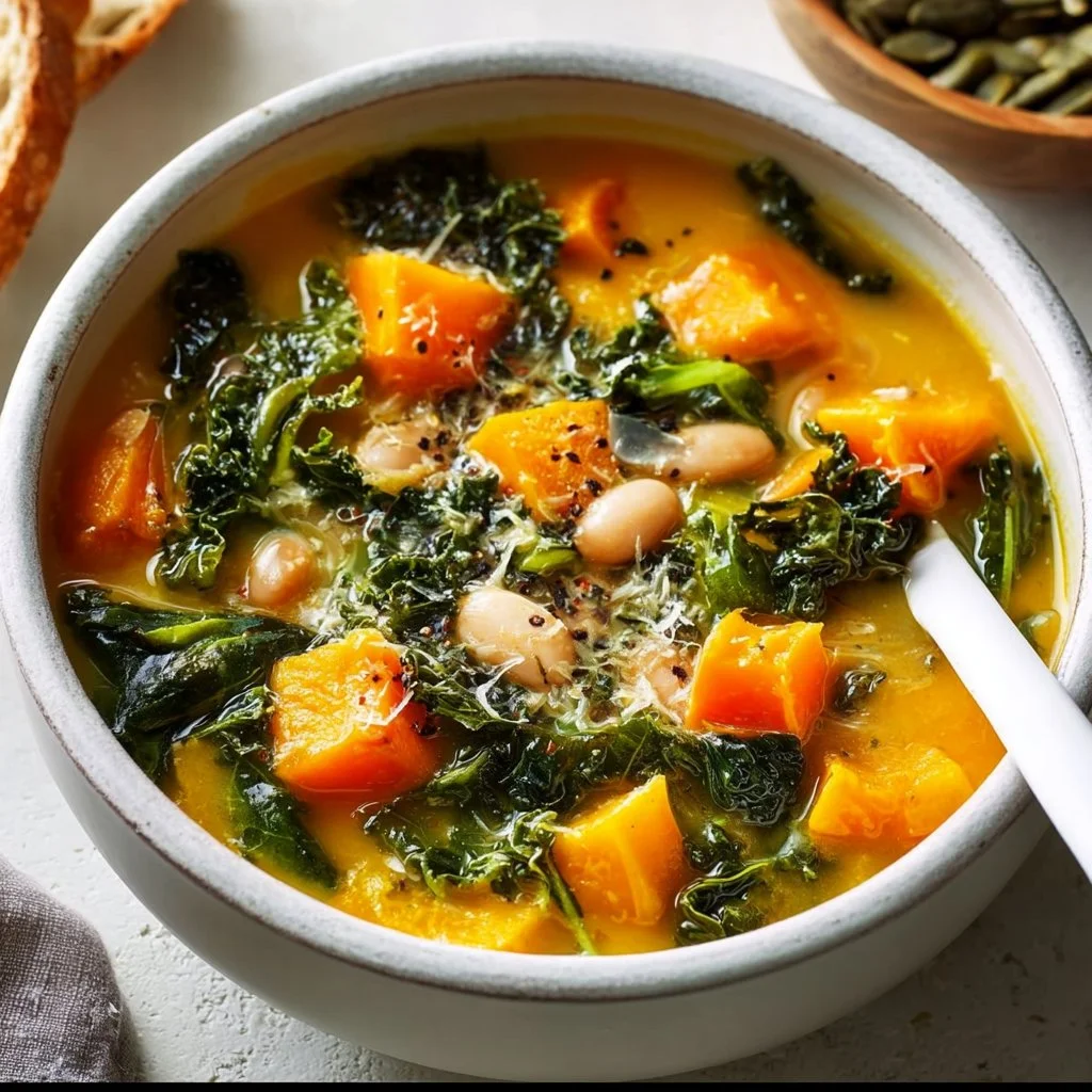 Bowl of butternut squash soup with kale and white beans garnished with herbs