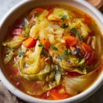 Bowl of Cabbage Fat-burning Soup filled with vegetables and spices