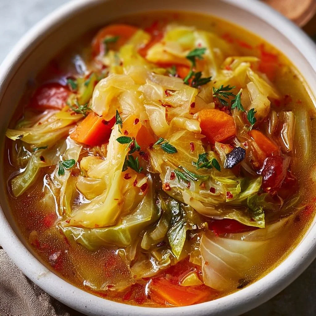 Bowl of Cabbage Fat-burning Soup filled with vegetables and spices