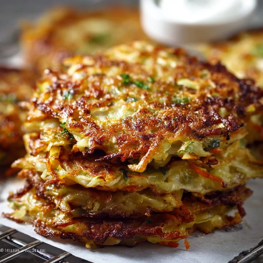 Crispy cabbage fritters served with dipping sauce on a plate