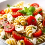 Colorful Caprese Pasta Salad with tomatoes, mozzarella, and fresh basil