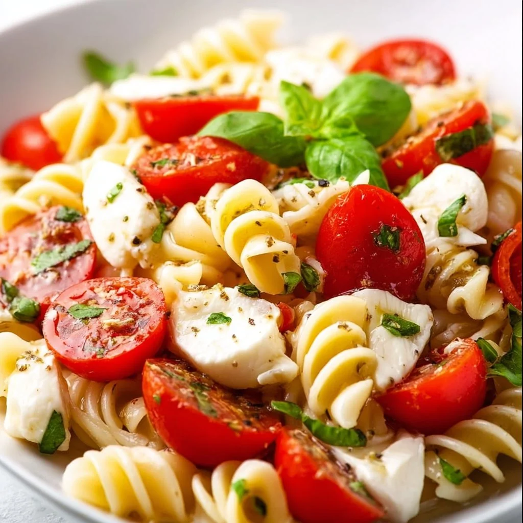 Colorful Caprese Pasta Salad with tomatoes, mozzarella, and fresh basil