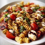 Delicious Caprese Pasta Salad topped with balsamic glaze and fresh ingredients