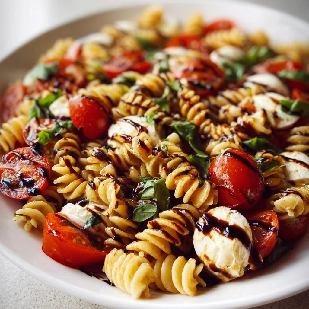 Delicious Caprese Pasta Salad topped with balsamic glaze and fresh ingredients