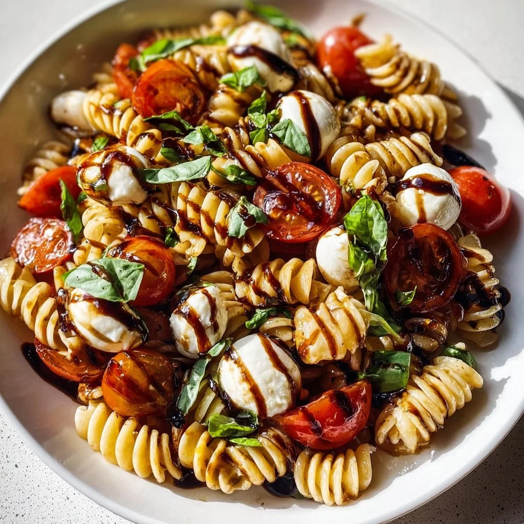 Delicious Caprese Pasta Salad topped with balsamic glaze