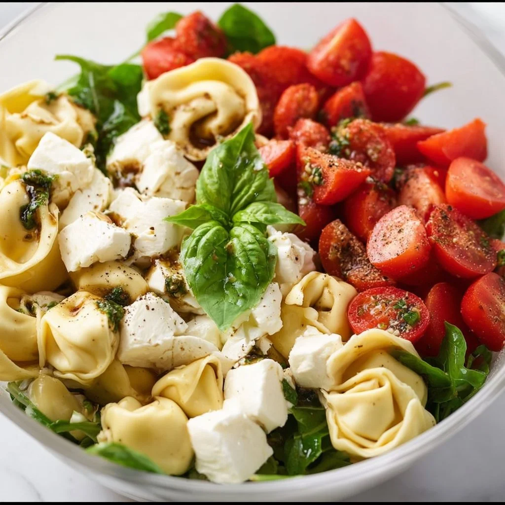 Delicious Caprese Tortellini Salad with fresh basil, tomatoes, and mozzarella.