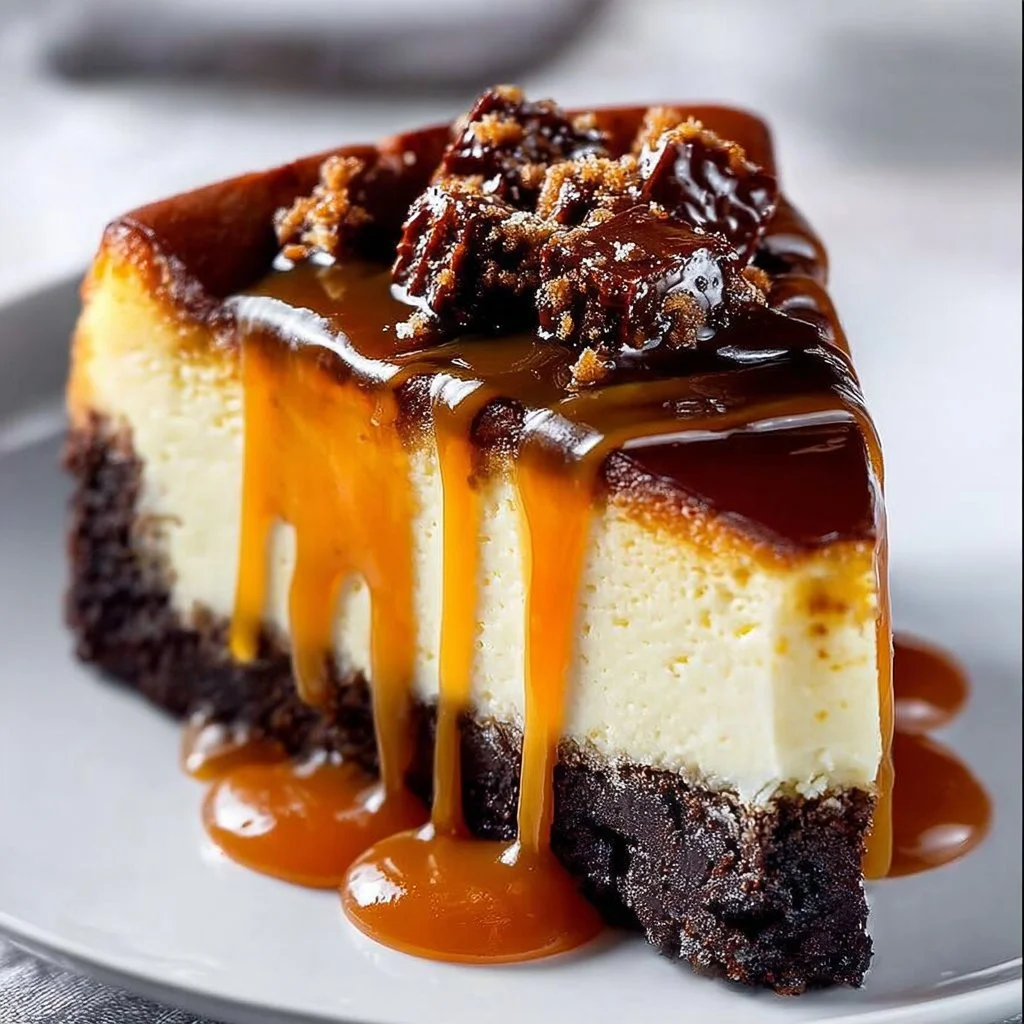 Caramel brownie cheesecake with rich layers of chocolate and creamy filling.