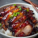 Delicious Char Siu Chicken served with rice and vegetables