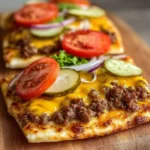 Cheeseburger Flatbreads topped with beef, cheese, and fresh toppings