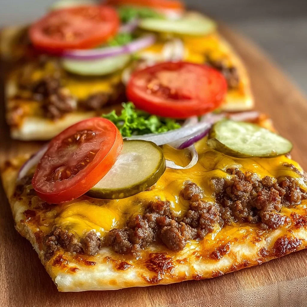 Cheeseburger Flatbreads topped with beef, cheese, and fresh toppings