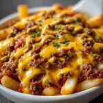 Cheeseburger Casserole with French fries topped with cheese