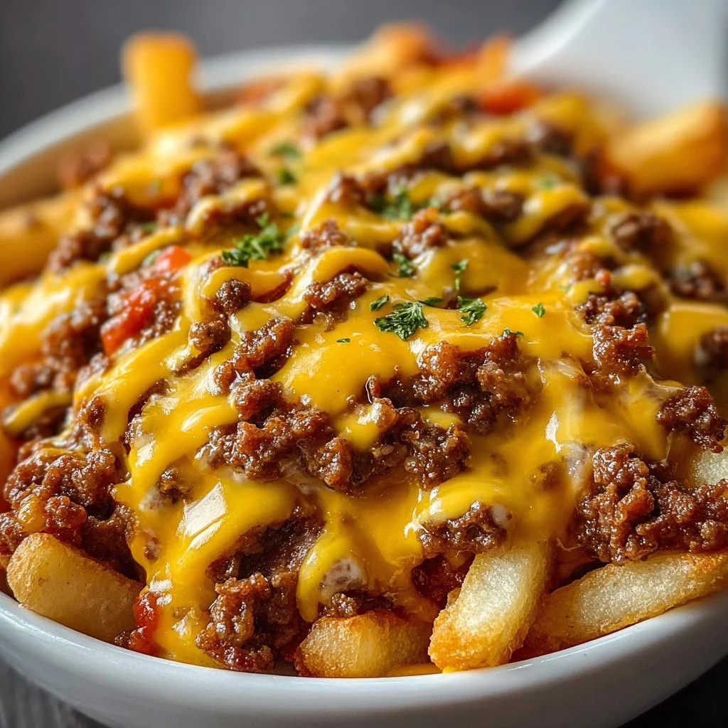 Cheeseburger Casserole with French fries topped with cheese