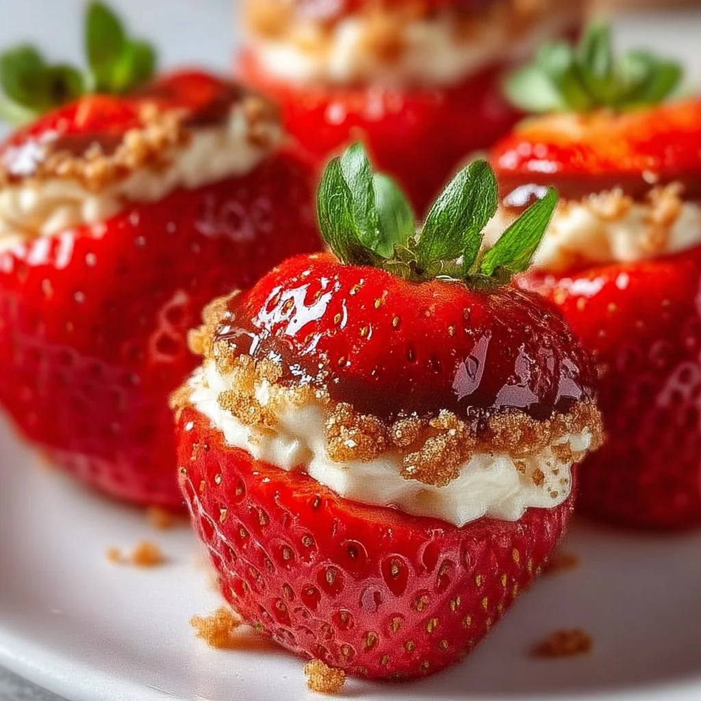 Cheesecake stuffed strawberries topped with whipped cream and chocolate drizzle