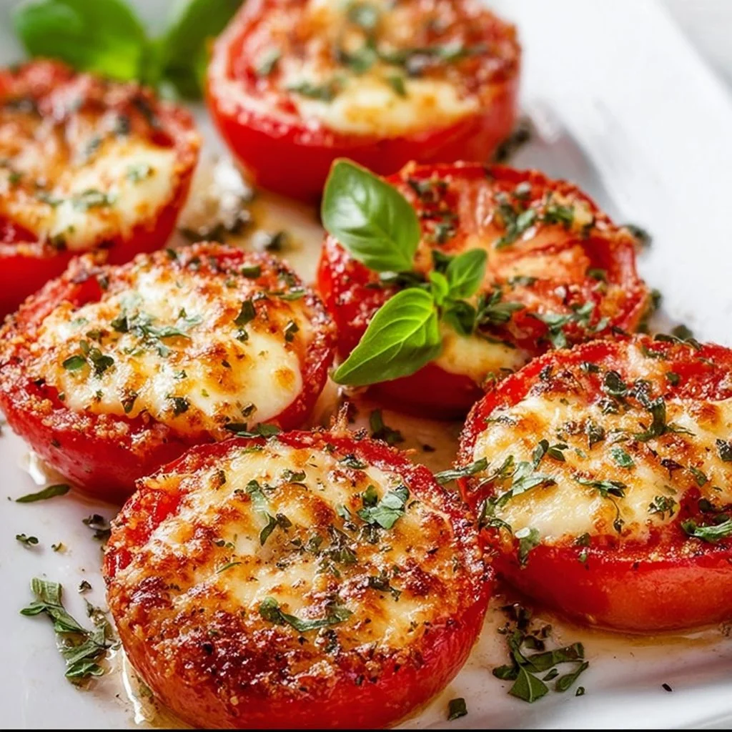 Delicious cheesy baked tomatoes fresh out of the oven.