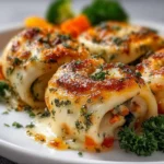 Cheesy baked vegetable rolls on a plate, garnished with fresh herbs.