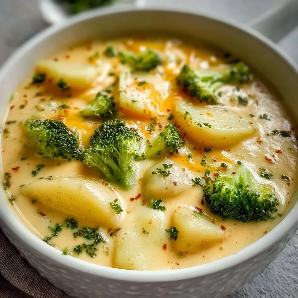 A bowl of cheesy broccoli potato soup topped with fresh herbs.