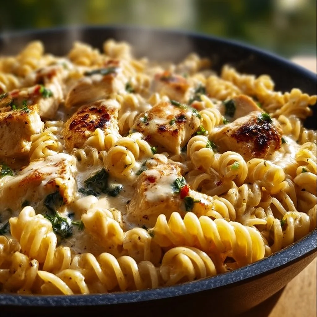 Cheesy Cajun Garlic Chicken Rotini Skillet served in a pan