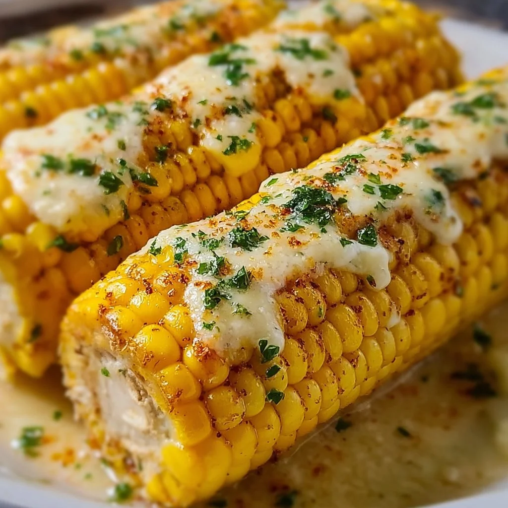 Delicious cheesy garlic butter corn on the cob ready to serve