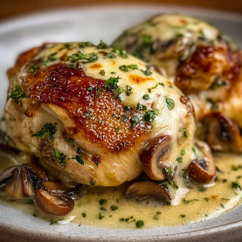 Cheesy garlic butter mushroom stuffed chicken plated with herbs.