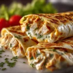Cheesy garlic chicken wraps served on a plate with fresh ingredients.