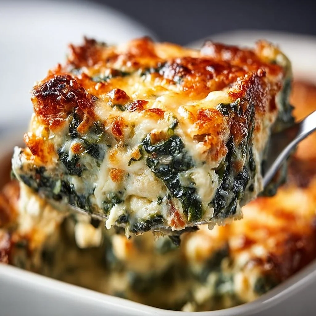 Delicious Cheesy Italian Spinach Bake fresh from the oven with cheese and spinach.