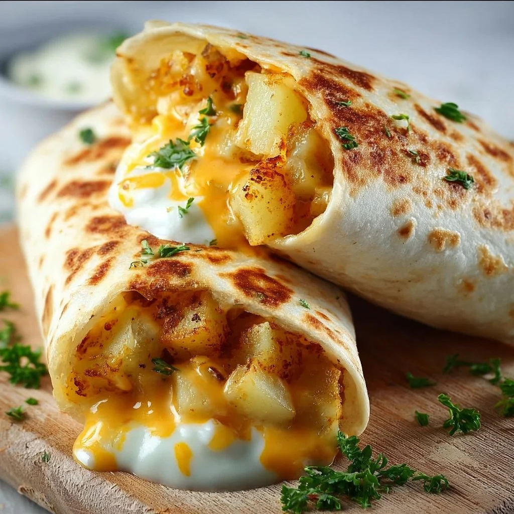 Delicious cheesy potato burritos served on a plate, a comforting meal idea.