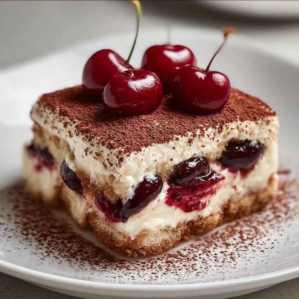 Delicious Cherry Amaretto Tiramisu dessert with cherry toppings and creamy layers
