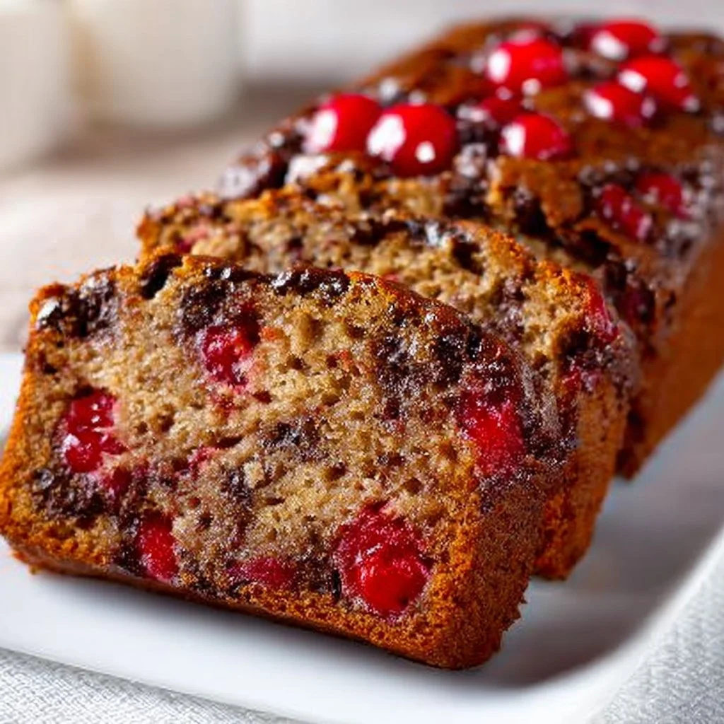 Delicious Cherry Chocolate Chip Banana Bread with fresh cherries and chocolate chips