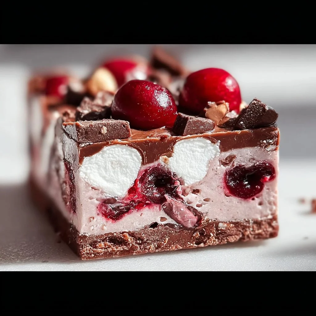 Cherry Marshmallow Fudge Bars with a cherry topping and marshmallow swirl