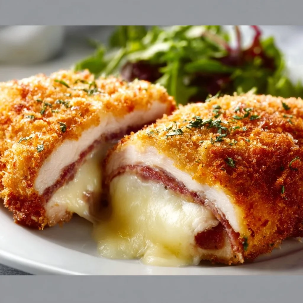 Delicious Chicken Blue Ribbon served on a plate with herbs and spices.