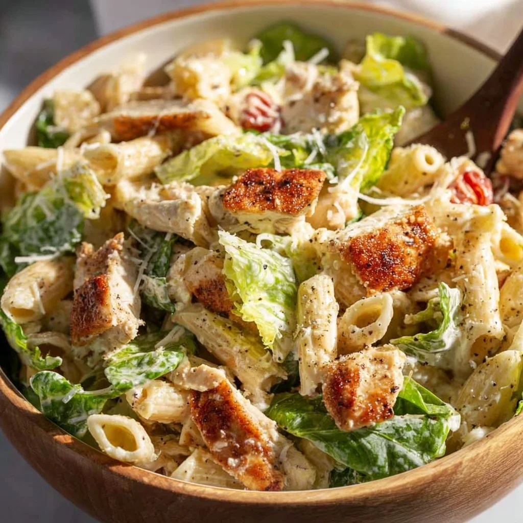 Delicious Chicken Caesar Pasta Salad with chicken, lettuce, and dressing