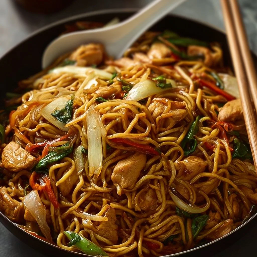 A plate of Chicken Fried Noodles garnished with vegetables and sauce
