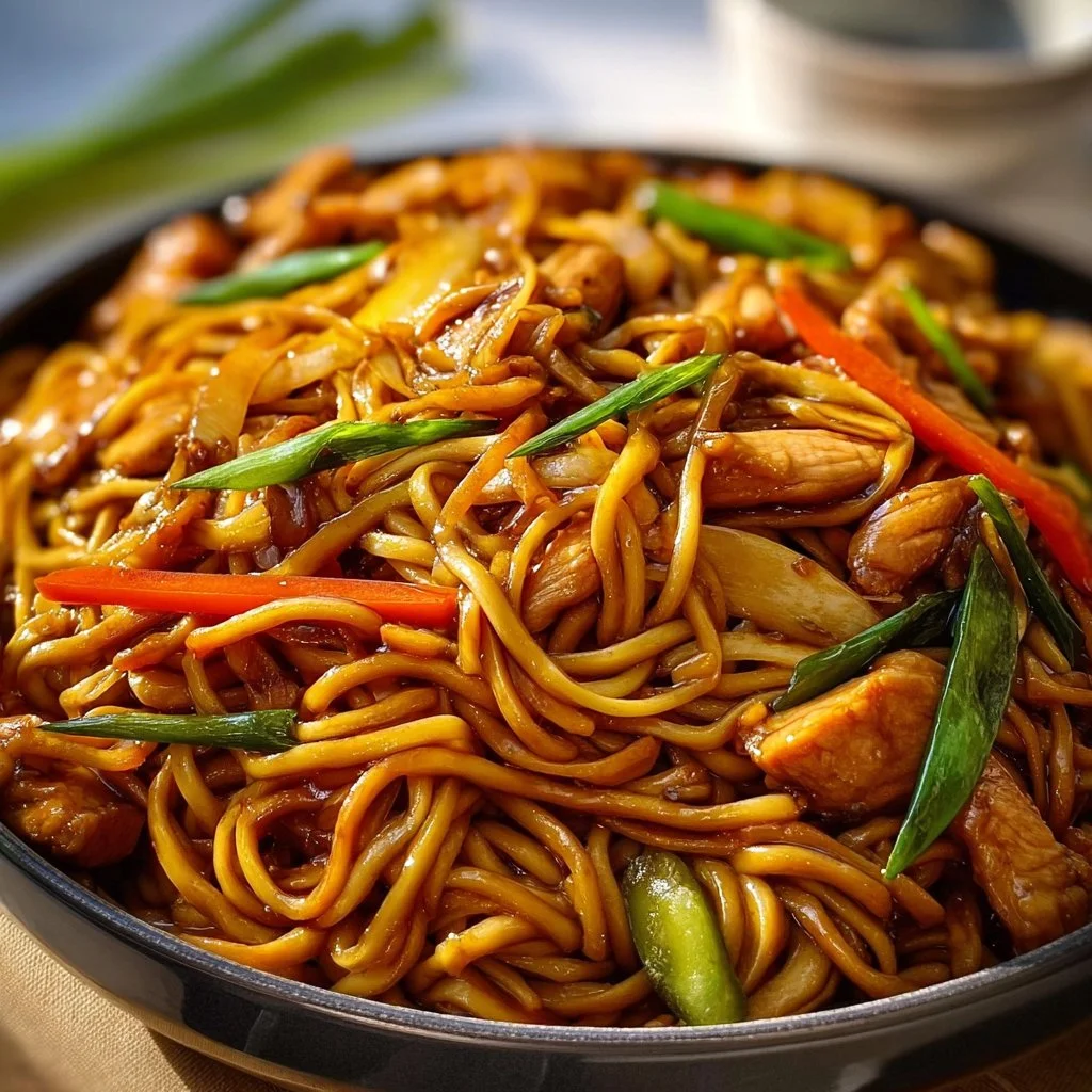 Delicious homemade Chicken Lo Mein served in a bowl with colorful vegetables.
