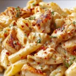 Delicious Chicken Mozzarella Pasta dish served with fresh herbs