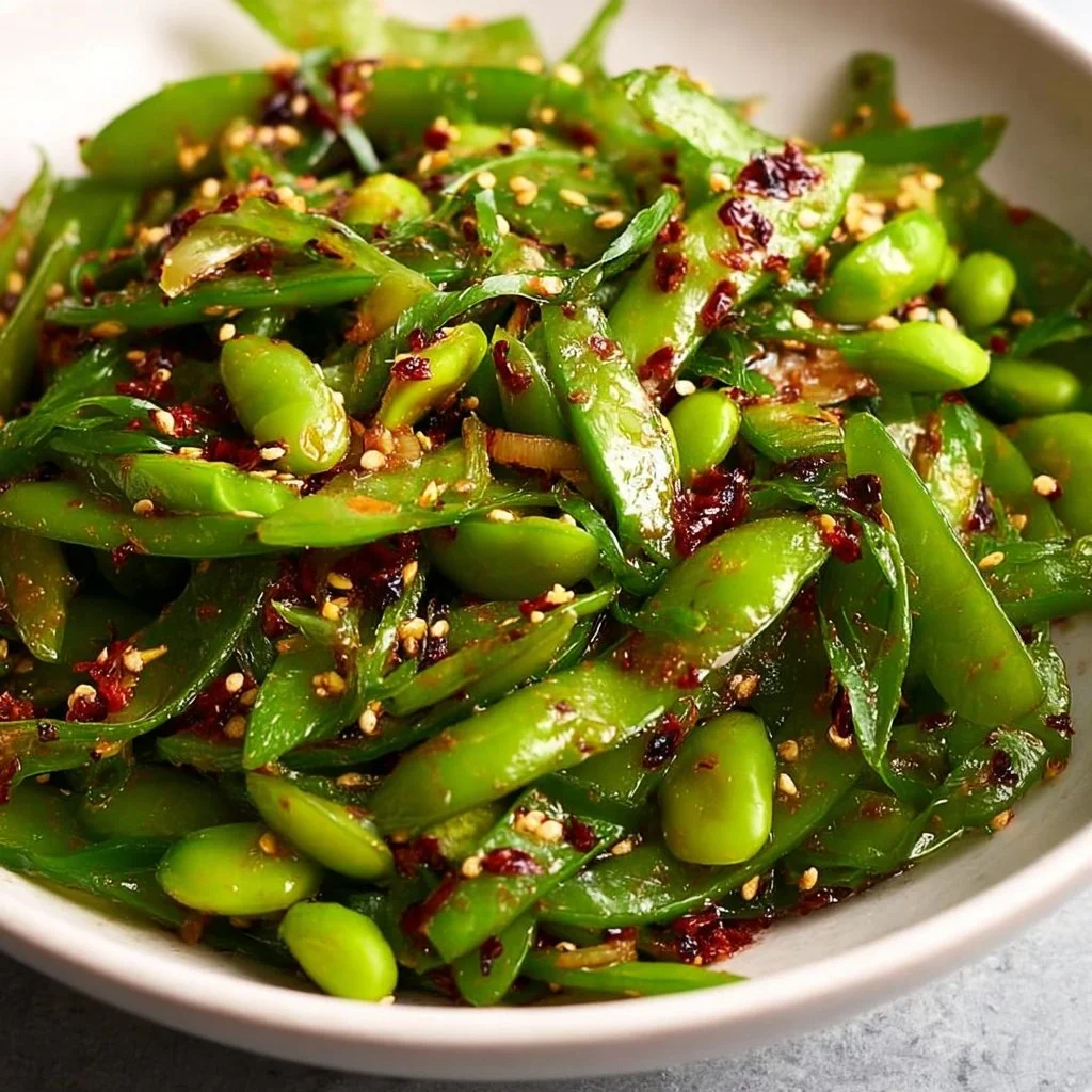 Chili Crisp Snap Pea Salad featuring snap peas and spicy chili crisp dressing.