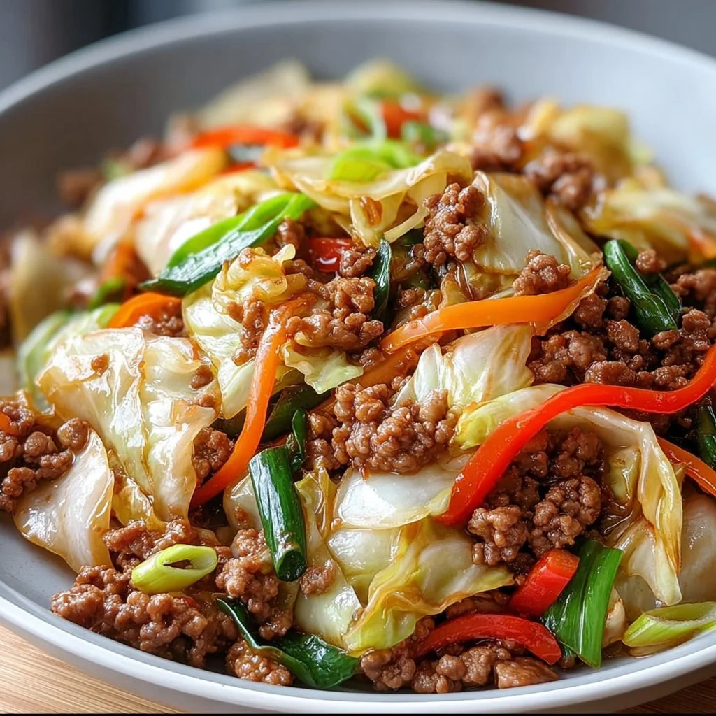 Delicious Chinese ground beef and cabbage stir fry in a vibrant dish.