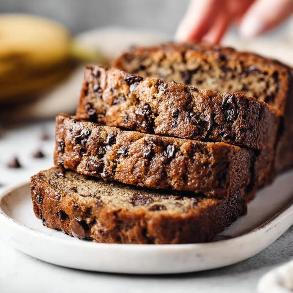 Delicious chocolate chip banana bread freshly baked and garnished.