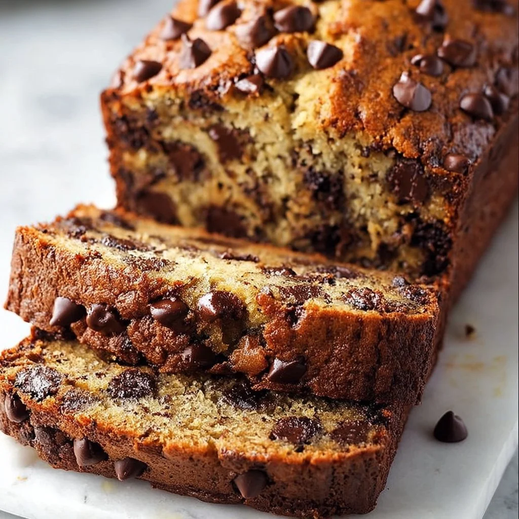Sliced chocolate chip banana bread on a wooden cutting board