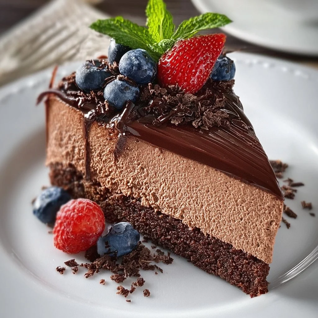 Delicious Chocolate Mousse Cake with chocolate shavings on top
