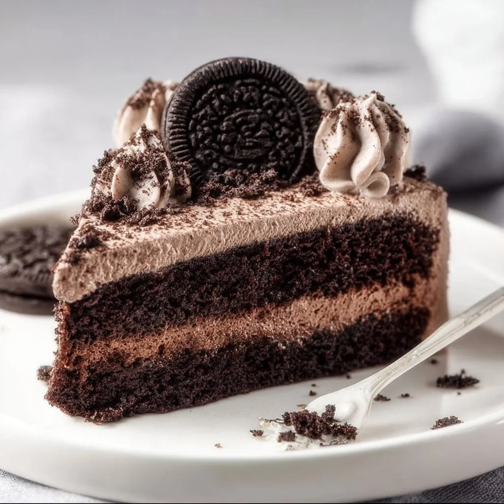 Delicious Chocolate Oreo Cake topped with crushed Oreos and chocolate frosting