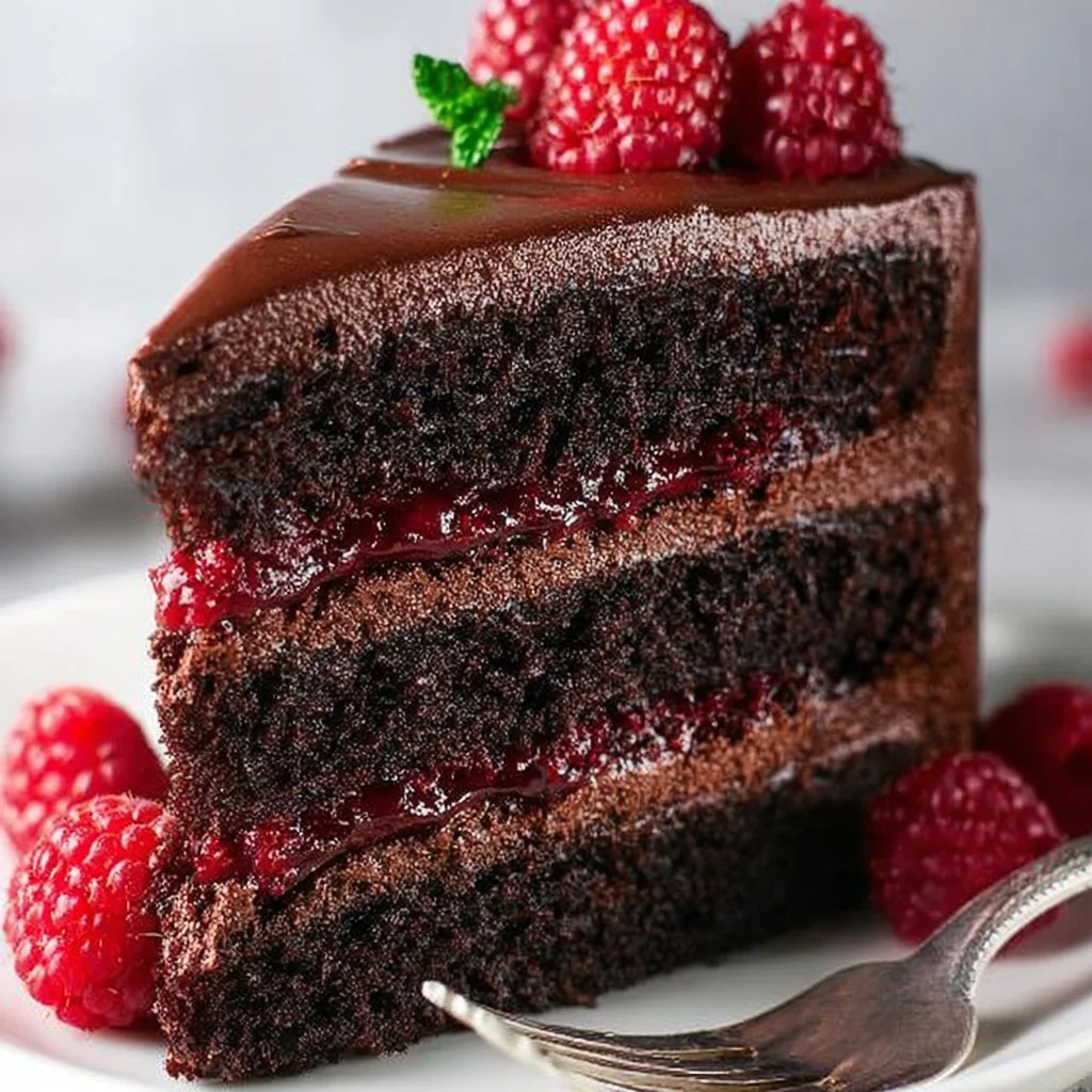 Delicious Chocolate Raspberry Layer Cake with rich chocolate layers and fresh raspberries