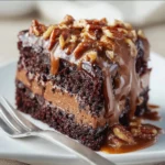 Delicious Chocolate Turtle Cake topped with caramel and pecans