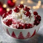 Bowl of Christmas Cherry Fluff dessert with cherries and whipped cream
