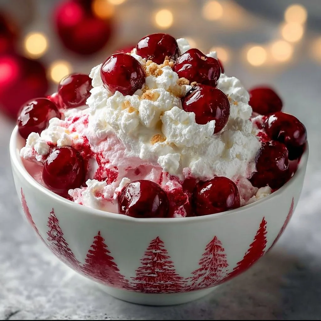 Bowl of Christmas Cherry Fluff dessert with cherries and whipped cream