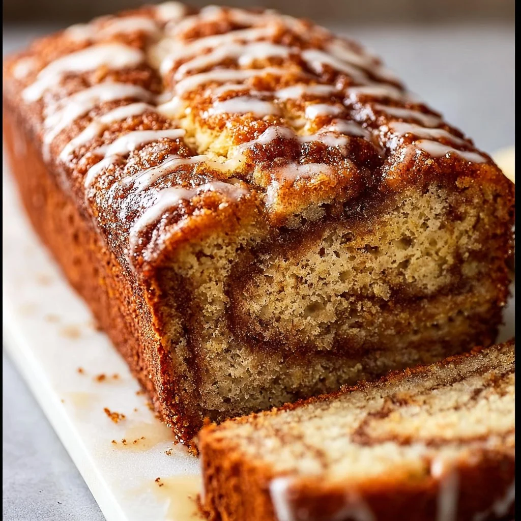 A slice of cinnamon swirl banana bread on a wooden cutting board.