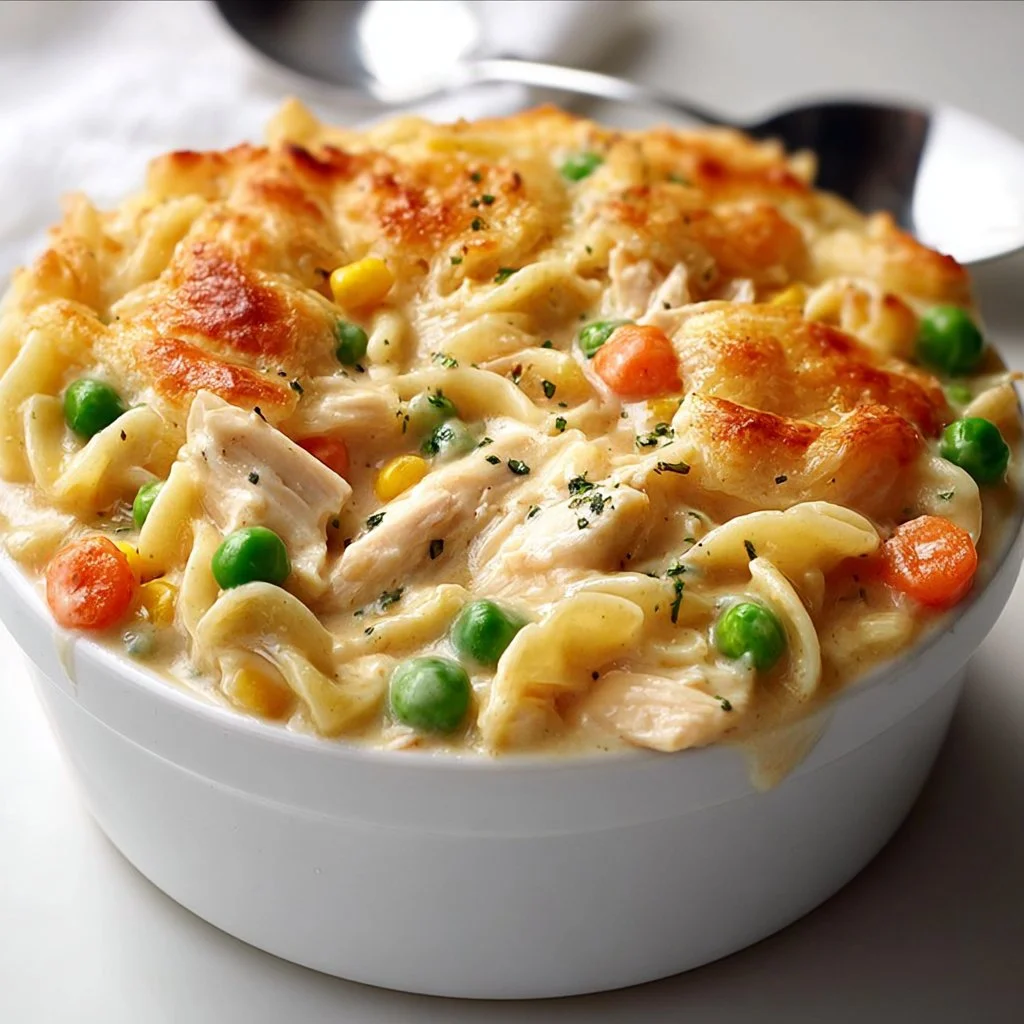 Bowl of Classic Chicken Pot Pie Pasta garnished with herbs
