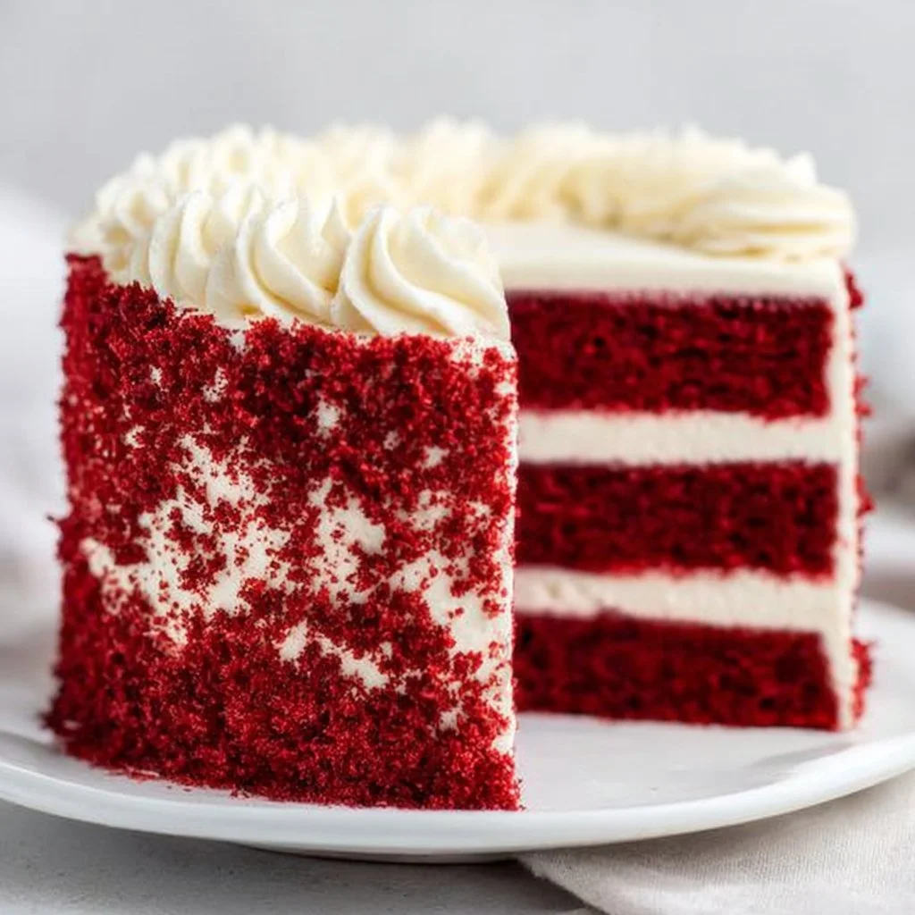 Classic homemade red velvet cake with cream cheese frosting and decorative sprinkles.